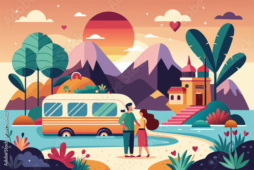 A couple stands together, sharing a tender moment beside a charming van by a serene lakeside at sunset, Customizable API with Semi Flat Illustration