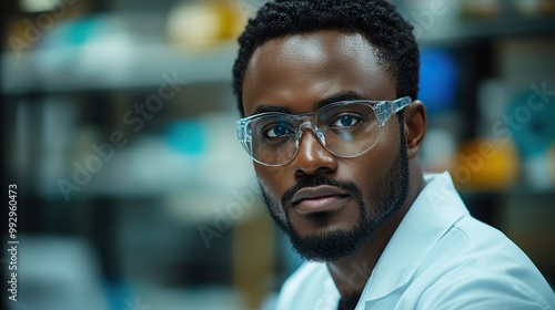 An African American scientist in a modern lab, focusing on the research and development of microelectronics and processors.