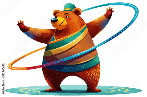 Circus bear hula hooping vector image, isolated on white bckground
