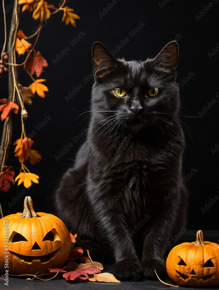 Black cat sitting next to pumpkins on the home porch, Halloween or Friday the 13th concept. Black cat sitting next to pumpkins on the home porch, Halloween or Friday the 13th concept.