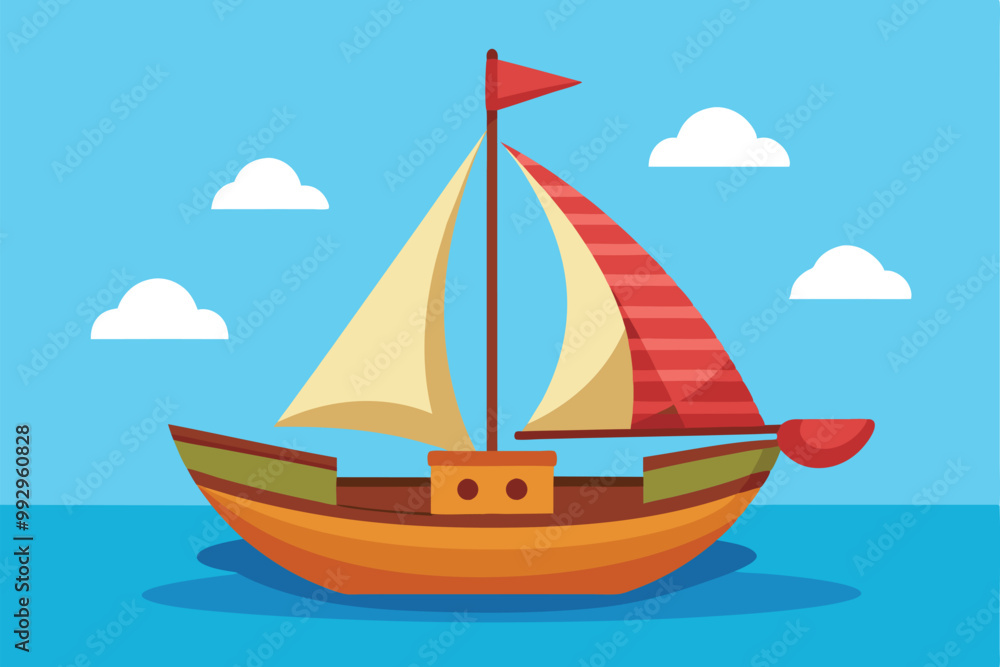 Fototapeta premium A vibrant cartoon sailboat with colorful sails and a calm blue ocean under fluffy clouds, Customizable sailboat cartoon illustration.