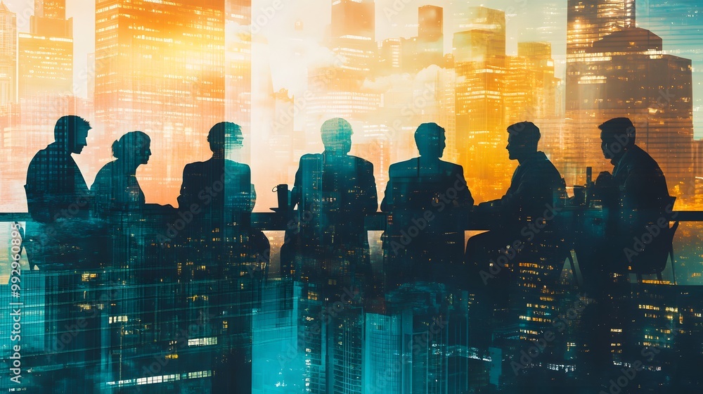 Double exposure image of many business people conference group meeting on city office building in background showing partnership success of business deal. Concept of teamwork, trust and agreement. Double exposure image of many business people conference group meeting on city office building in background showing partnership success of business deal. Concept of teamwork, trust and agreement.