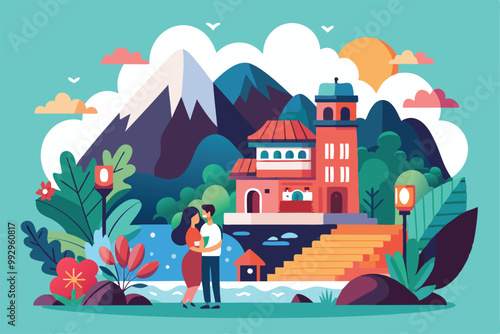 A couple enjoys a tender moment by the river, surrounded by lush mountains and colorful flowers at sunset, Customizable API with Semi Flat Illustration