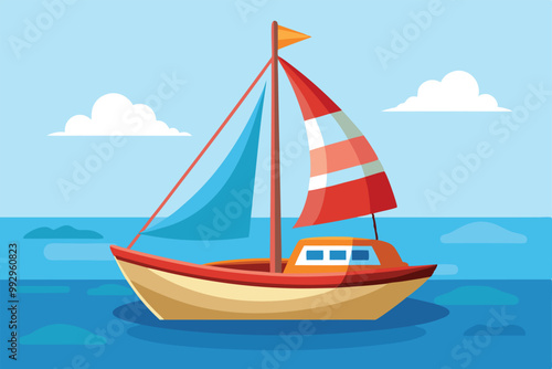 A cheerful cartoon sailboat with colorful sails floats on tranquil waters, set against a bright sky, Customizable sailboat cartoon illustration.