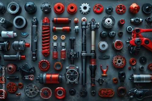 A collection of various mechanical components and parts arranged neatly on a gray surface, showcasing intricate designs and vibrant colors