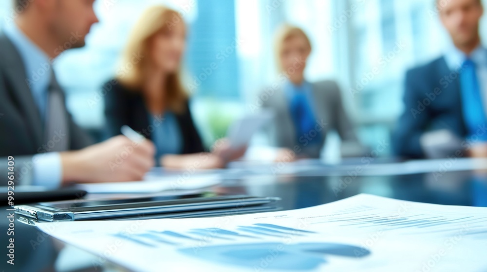 A group of business professionals engaged in a meeting, with a focus on documents and tools on a conference table against a modern backdrop. A group of business professionals engaged in a meeting, with a focus on documents and tools on a conference table against a modern backdrop.