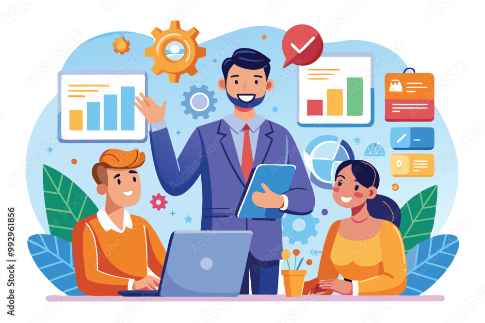Three professionals engage in a sales consulting session, analyzing charts and discussing strategies, Customizable sales consulting illustration Three professionals engage in a sales consulting session, analyzing charts and discussing strategies, Customizable sales consulting illustration