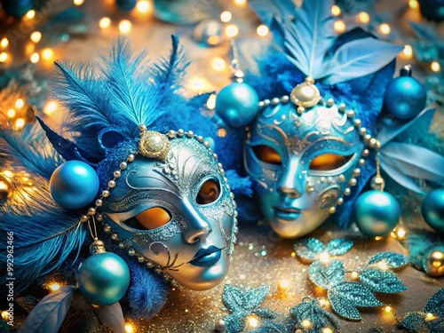 Elegant Light Blue Masquerade Masks Displayed on a Festive Background for Themed Celebrations