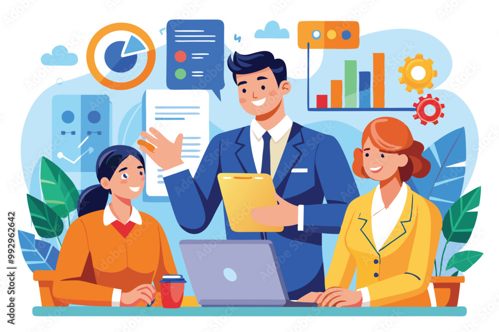 A team of three professionals engages in a sales consulting meeting, sharing ideas around a laptop, Customizable sales consulting illustration. A team of three professionals engages in a sales consulting meeting, sharing ideas around a laptop, Customizable sales consulting illustration.