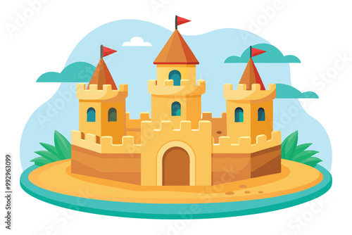 This illustration features a customizable sand castle, ideal for beach-themed crafts and activities, Customizable sand castle illustration