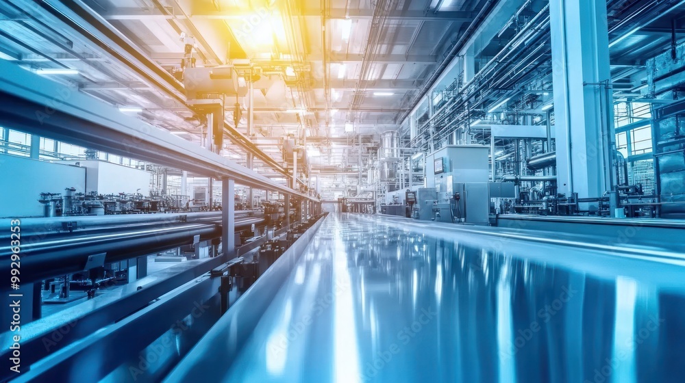 Fototapeta premium A modern industrial facility with machinery and production lines under bright lighting.