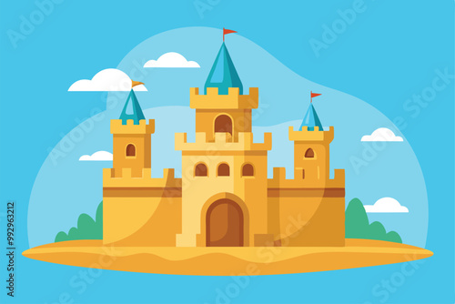 This colorful sand castle features multiple towers, flags, and a cheerful beach setting, perfect for kids, Customizable sand castle illustration that is disproportionate.