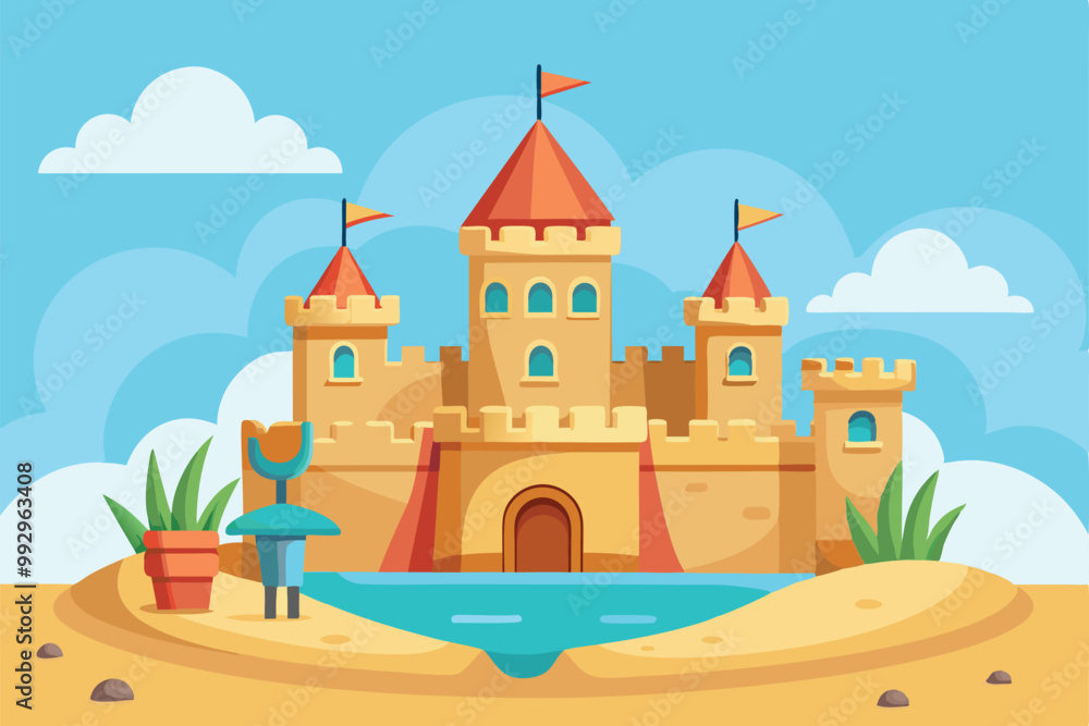A vibrant sand castle is built on a sunny beach, featuring towers and flags, ready for customization, Customizable sand castle illustration A vibrant sand castle is built on a sunny beach, featuring towers and flags, ready for customization, Customizable sand castle illustration