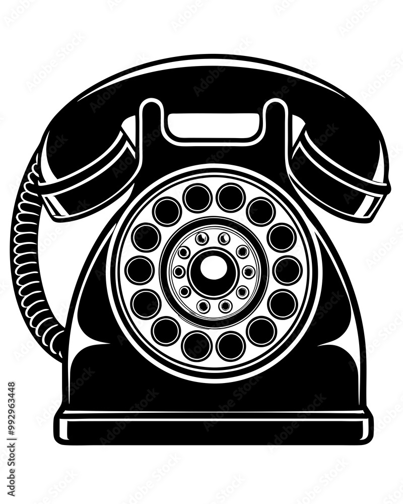 A black and white image of a phone that has a picture of a phone on it ,Vintage phone , Old telephone 40-50's. Black and white vector illustration 