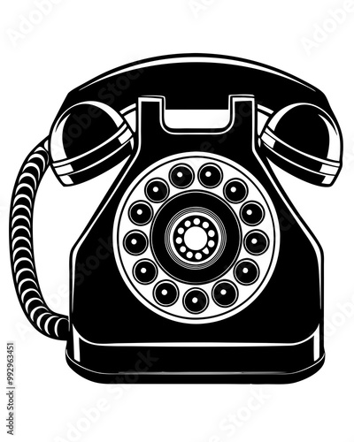 A black and white image of a phone that has a picture of a phone on it ,Vintage phone , Old telephone 40-50's. Black and white vector illustration 