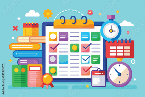 A vibrant depiction of a customizable schedule featuring planners, clocks, and colorful checklists, Customizable schedule illustration with disproportionate elements.