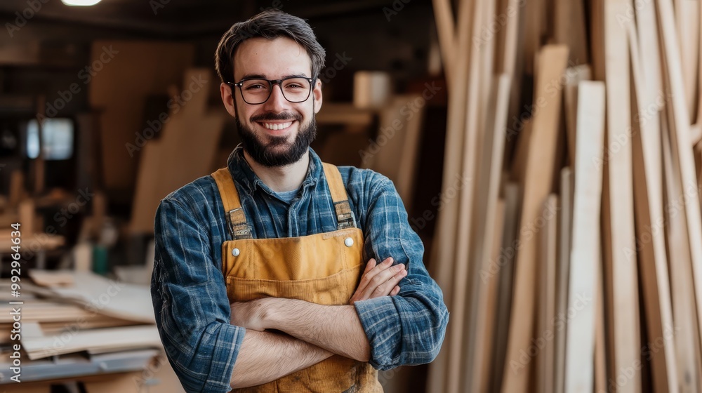 Obraz premium Smiling male carpenter wearing apron, standing in a workshop with arms crossed, surrounded by wood planks and tools.