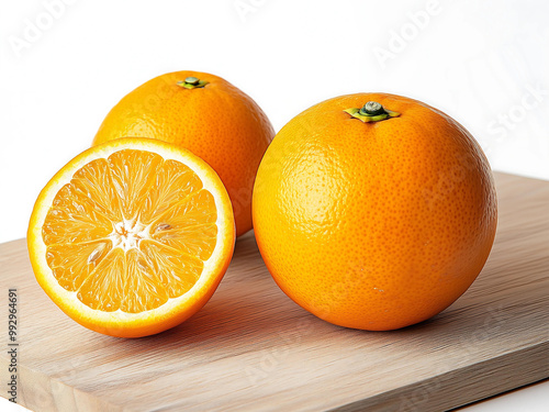 Fresh oranges on the wooden cutting board on white studio background photo