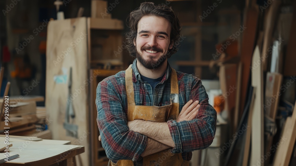 Smiling woodworker in a plaid shirt and apron standing in a well-organized workshop, showcasing craftsmanship and a welcoming environment. Smiling woodworker in a plaid shirt and apron standing in a well-organized workshop, showcasing craftsmanship and a welcoming environment.