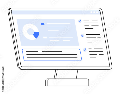 Computer monitor displaying a dashboard with a pie chart, checklists, and textual information. Ideal for tech, analytics, management, productivity, user interface, data visualization. Minimalist, mode