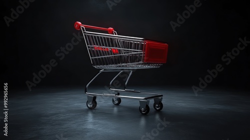 A metallic shopping cart with a red basket on a dark background.