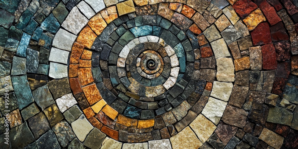 Fototapeta premium A vibrant mosaic design featuring intricate patterns of colorful stones. This art piece showcases detailed craftsmanship and a spiraling arrangement. Ideal for decoration or inspiration. AI
