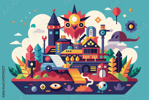 Explore a colorful landscape filled with unique buildings, quirky characters, and imaginative details in vibrant hues, Customizable semi-flat chaos illustration photo