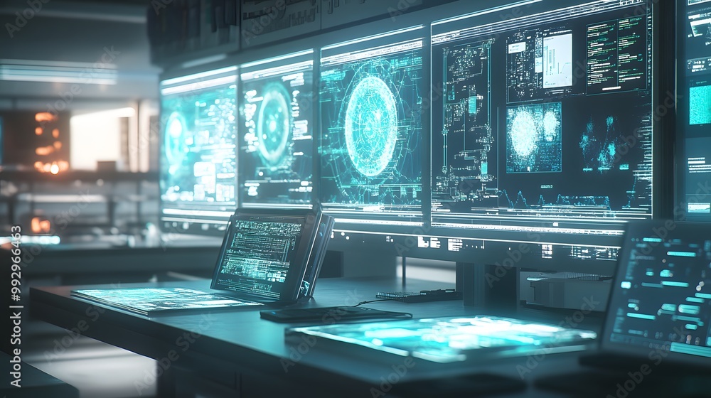 Naklejka premium A Futuristic Workstation with Multiple Monitors Displaying Complex Data and a Laptop Open to Code
