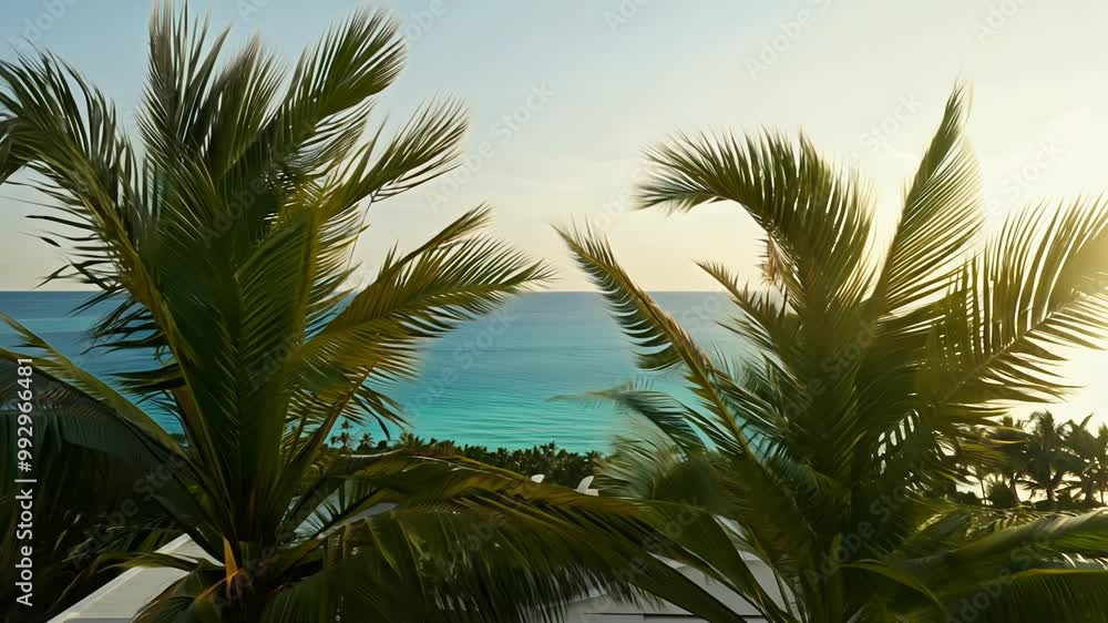 Experience the tranquility of a beautiful sunset as palm trees sway gently above calm waters in this peaceful coastal setting Experience the tranquility of a beautiful sunset as palm trees sway gently above calm waters in this peaceful coastal setting