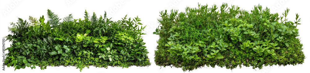 Two green hedges, one neatly trimmed into a rectangular shape and the other with a more natural, irregular form Two green hedges, one neatly trimmed into a rectangular shape and the other with a more natural, irregular form