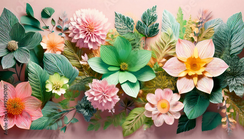 Art mimics nature with light herbarium plants and flowers, reinterpreting exquisite floral mosaics on the wall of the room
