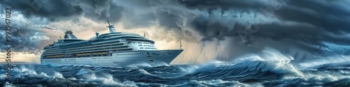 Cruise ship navigating through rough seas, with dramatic waves and stormy skies.