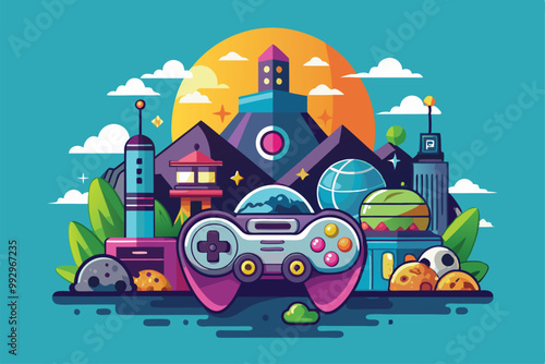 A colorful landscape showcases a game controller amidst mountains, buildings, and playful elements at sunset, Customizable semi-flat gaming illustration. photo