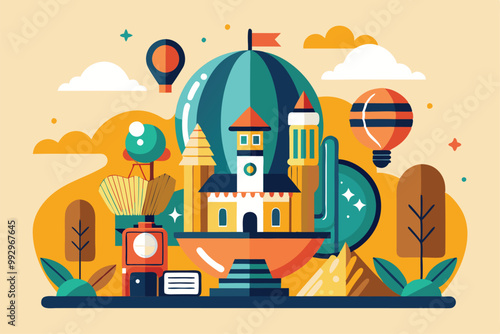A playful illustration features a unique atelier with a charming castle, balloons, and trees, Customizable Semi Flat Illustration at Atelier