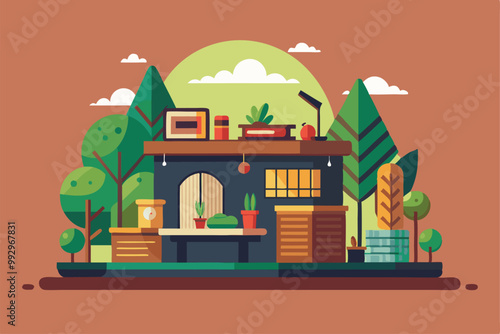 A cozy atelier surrounded by greenery, featuring plants and various art supplies on display, Customizable Semi Flat Illustration at Atelier