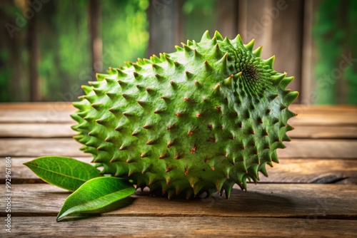The wooden table features a fresh soursop, showcasing its striking green skin and distinctive spiky texture, capturing