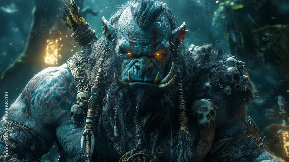 Obraz premium troll chieftain standing in a mystical forest, his gaze piercing through the shrouded darkness