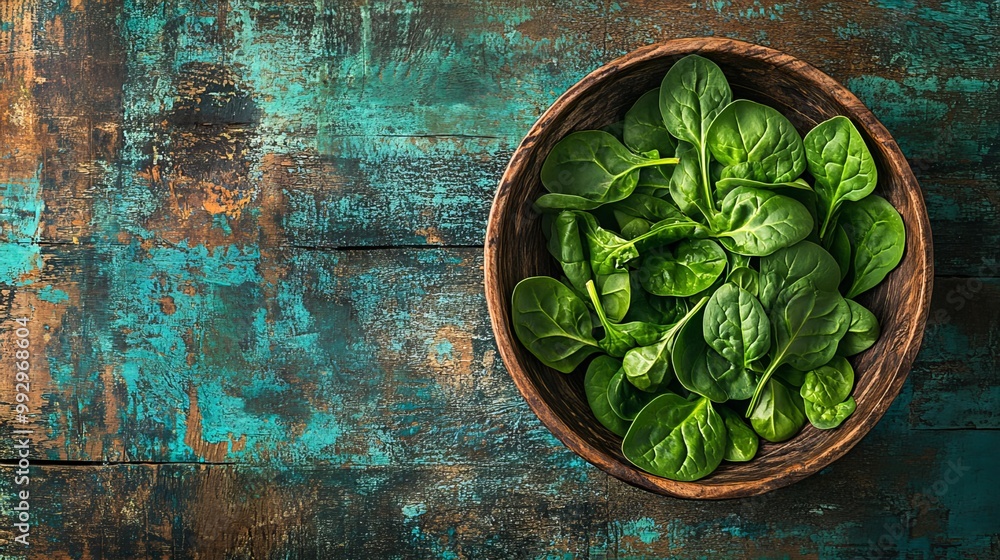 Vibrant spinach leaves, freshly harvested, rest in a bowl crafted from weathered wood. The scene is captured from above Vibrant spinach leaves, freshly harvested, rest in a bowl crafted from weathered wood. The scene is captured from above