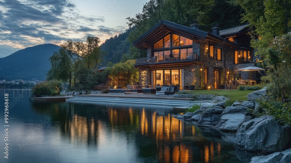 Luxurious lakeside villa with large outdoor spaces and stunning views of a serene, reflective lake Luxurious lakeside villa with large outdoor spaces and stunning views of a serene, reflective lake