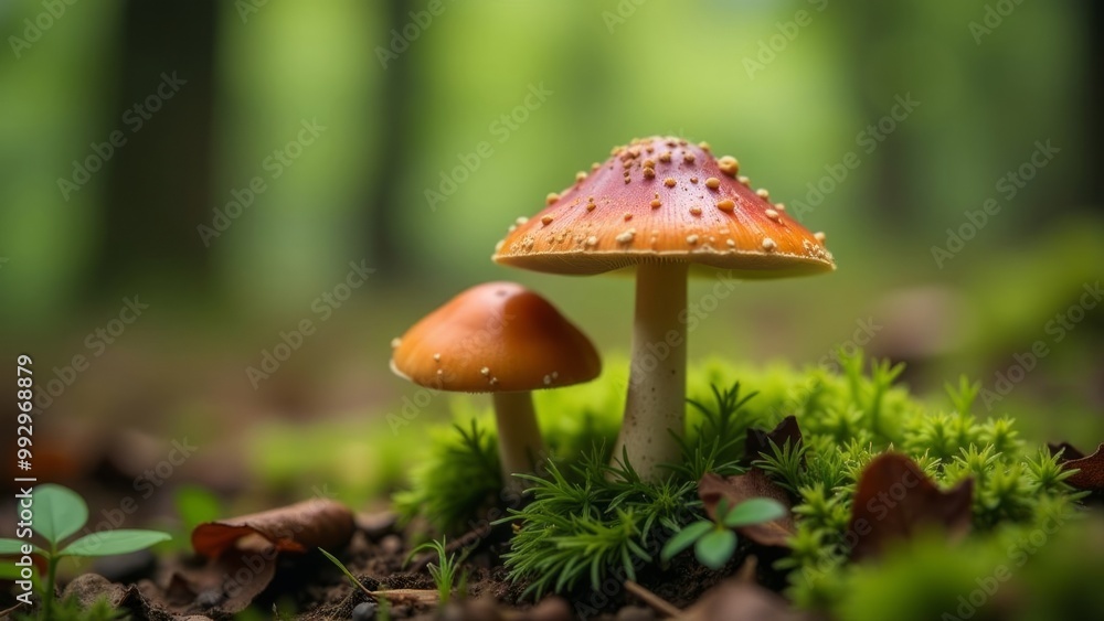 Mushrooms growing in the forest with greenery and soft sunlight Mushrooms growing in the forest with greenery and soft sunlight