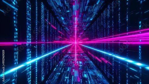 Wallpaper Mural Futuristic tunnel lined with blue and pink neon light beams and digital code. Torontodigital.ca