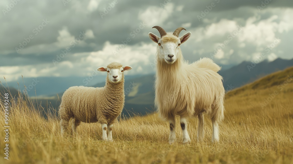 Two fluffy sheep standing in a scenic grassy field with mountains in the background under a cloudy sky. Two fluffy sheep standing in a scenic grassy field with mountains in the background under a cloudy sky.