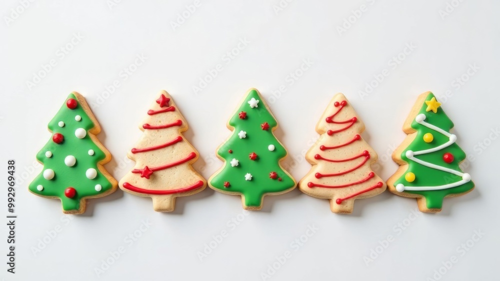 Five Christmas tree-shaped cookies with green and red icing, arranged on a white background, perfect for holiday baking and Christmas themes. Five Christmas tree-shaped cookies with green and red icing, arranged on a white background, perfect for holiday baking and Christmas themes.