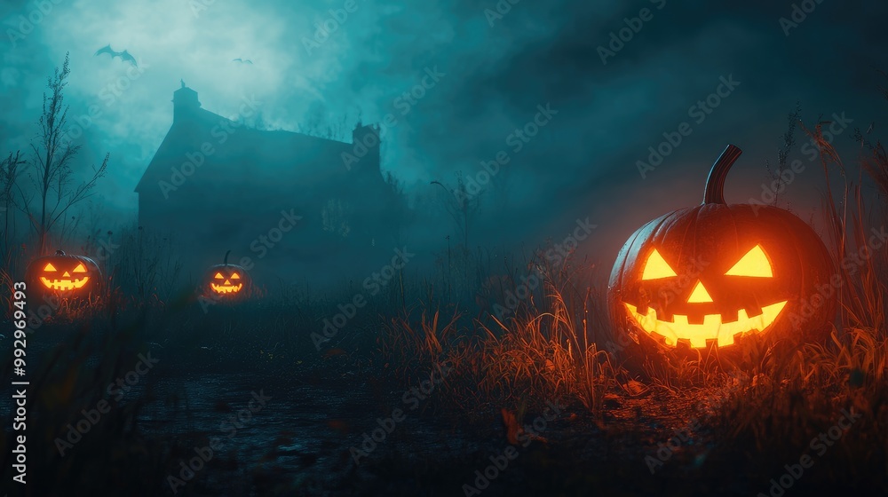A dark, foggy Halloween night with pumpkins in the foreground, glowing eerily. Blank space for text on the right side. No logo. A dark, foggy Halloween night with pumpkins in the foreground, glowing eerily. Blank space for text on the right side. No logo.