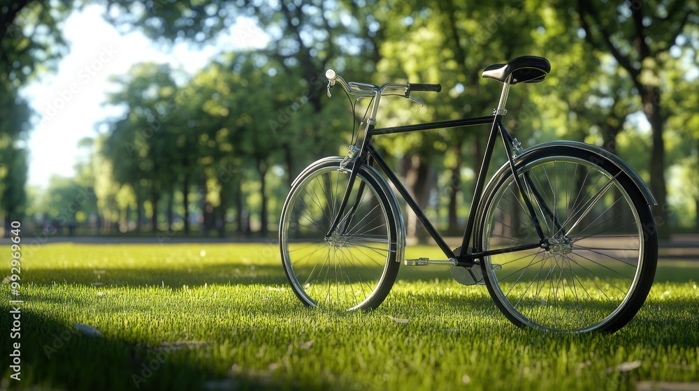 Fototapeta premium A black bicycle resting on green grass in a park setting.