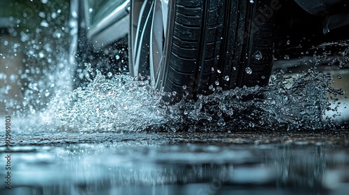 Water splashes around a moving car tire, creating a dynamic and rhythmic visual effect. The tire's rotation and the water's fluidity combine to form a mesmerizing display of motion and texture.  photo