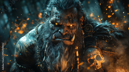 fierce ogre warrior in battle mode, his eyes burning with rage amid fiery embers