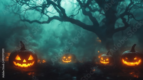 A haunting Halloween scene with glowing pumpkins beneath bare tree branches, open space for text in the foggy sky. No logo.