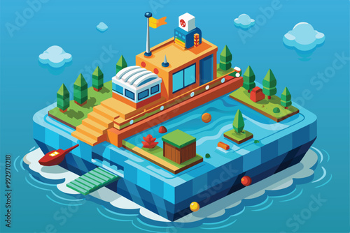 A vibrant island with a floating structure, surrounded by water and adorned with trees and playful elements, Customizable semi-flat illustration floating in water.