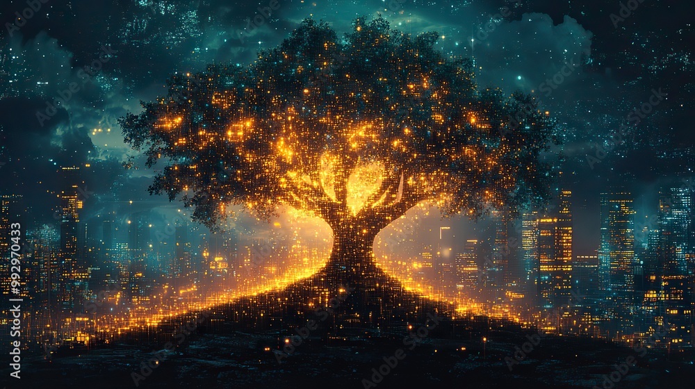 An illustration of a digital tree set against a technology-themed background symbolizes growth and connectivity in the digital age. An illustration of a digital tree set against a technology-themed background symbolizes growth and connectivity in the digital age.